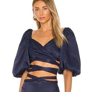 LPA Soraya Cropped Wrap Blouse Navy Blue Women’s Medium Flirty Resort Wear Rave